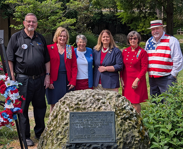 Pictured are those taking part in the rededication ceremonies left to right Robert F. Henderson, Orange County America 250 Chairman, Rebecca Speaker, Southern Director, Indiana D.A.R., Lost River D.A.R. members Bryan Fleenor, Lora Sanders, Lila Tucker, Regent, Lost River D.A.R. and Jeff Lane, Orange County Historian.
